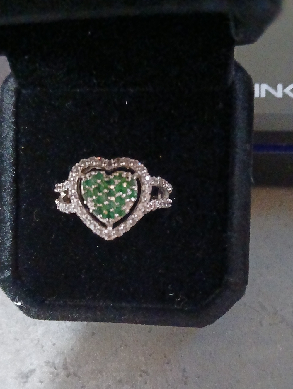 Heart Shaped Emerald and CZ Silver Size 7 Ring
